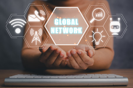 Person hand holding global network technology and digital marketing icon on virtual screen, Financial, Digital link tech, big data.の写真素材