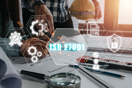 ISO 27001 Quality standards assurance business technology concept, Business team analyzing income charts and graphs with iso 27001 icon on virtual screen.の写真素材