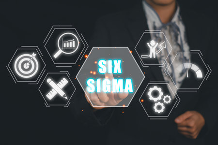 Six sigma concept, Business person hand touching six sigma icon on virtual screen.の写真素材