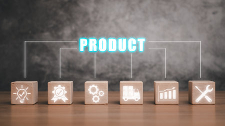 Product concept, Wooden block on desk with product icon on virtual screen.の写真素材