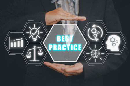 Best practice concept, Businesswoman hand holding best practice icon on virtual screen.の写真素材