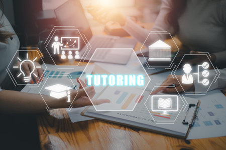 Tutoring concept, Business team analyzing documents paper on office desk tutoring icon on virtual...