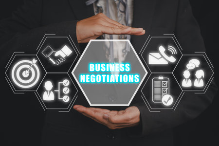 Business negotiations concept, Business woman hand holding business negotiations icon on virtual screen.の写真素材