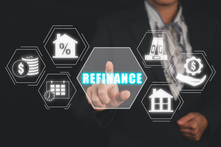 Refinance concept, Business woman hand touching refinance icon on virtual screen.の写真素材