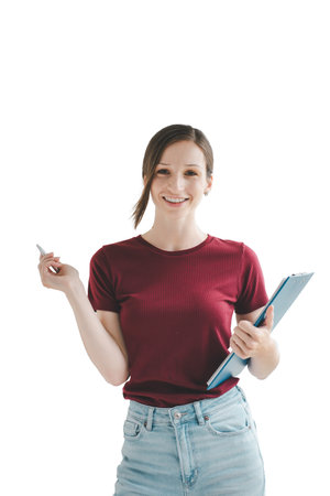 Young woman holding with clipboard isolated on white background.の写真素材