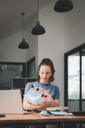 Business woman manager accounting analyst checking bills, analyzing sales statistics management,...