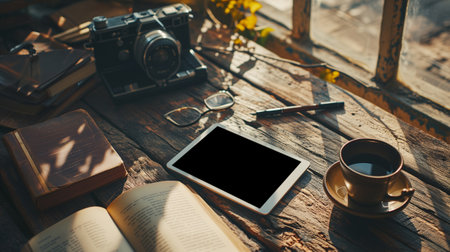 Blank screen tablet, book, pen and coffee mug on wooden desk, Top view flat lay, Generative ai.の素材