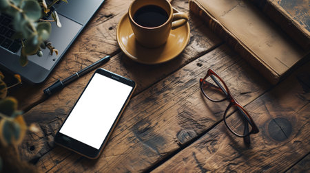 Wooden desk workplace with blank screen smart phone, laptop computer, book, eyeglass and coffee mug, Top view flat lay with copy space, Ai generated.の素材