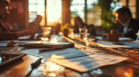 Closeup business paper on office desk with business team meeting background, sunrise, teamwork, Ai generatedの素材