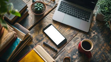 Wooden desk workplace with blank screen smart phone, laptop computer, book, pen and coffee mug, Top view flat lay with copy space, Ai generated.の素材