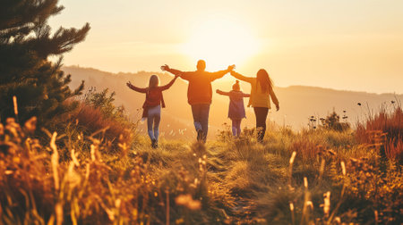 Happy family concept, mother, father, children son and daughter on nature on sunset, Ai generatedの素材
