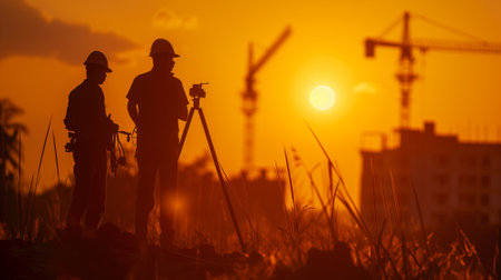 silhouette black man survey civil engineer stand on ground working in a land building site over Blurred construction worker on industrial site, Ai generated.の素材