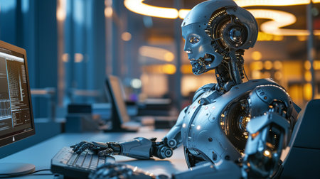 Future financial technology controlled by AI robot using machine learning and artificial intelligence to analyze business data and give advice on investment and trading decision, Ai generated.の素材
