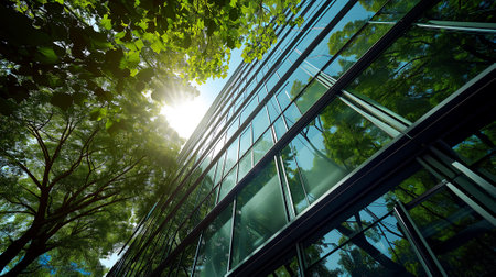 Eco-friendly building in the modern city, Green tree branches with leaves and sustainable glass building for reducing heat and carbon dioxide, Ai generated.の素材