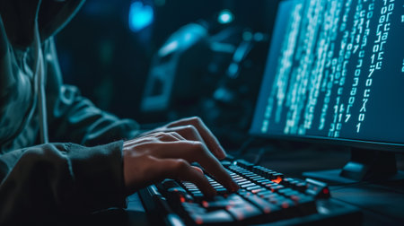 Dangerous Hooded Hacker Breaks into Government Data Servers and Infects Their System with a Virus, His Hideout Place has Dark Atmosphere, Ai generated.の素材
