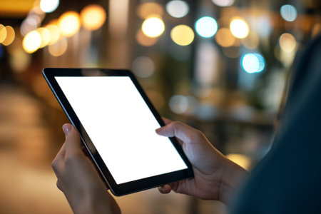 Woman hand using tablet on city street, Blank screen tablet for product display, Mock up, Ai generated.の素材