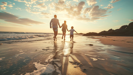 Happy family running together on the beach in holiday. Silhouette of the family holding hands enjoying the sunset on the beach.Happy family concept, Ai generated.の素材