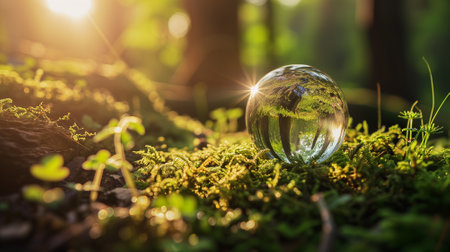 Crystal globe resting on left in a forest, Environment concept, Ai generated.の素材