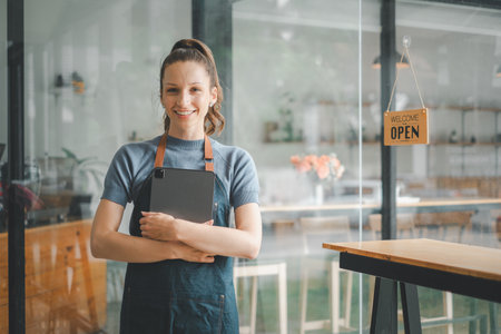 Beautiful young barista woman in apron holding tablet and standing in front of the door of cafe with open sign board. Business owner startup, SME entrepreneur seller business concept.の写真素材