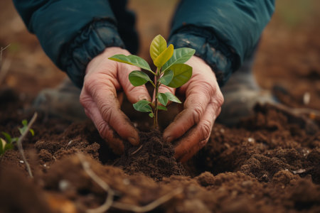 Close-up of hands nurturing a young plant in rich, dark earth, symbolizing growth and care.の素材