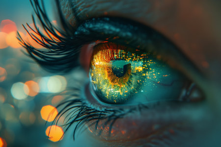 An extreme close-up of a human eye, capturing the detailed reflection of vibrant city lights within the iris.の素材