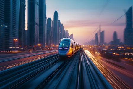 Transportation concept, A sleek futuristic train speeds along its track, cutting through a cityscape against the backdrop of a vibrant sunset sky.の素材