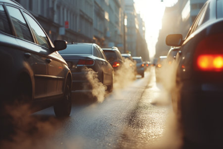 A queue of vehicles releasing exhaust fumes into the air, highlighting issues of air pollution and environmental concerns in urban settings.の素材