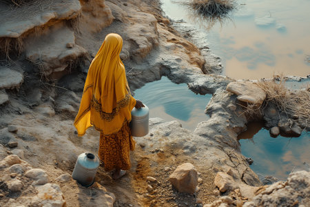 A woman in traditional clothing carries yellow water containers in a dry, arid landscape at sunset.の素材