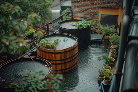 A water treatment facility on a foggy autumn morning, with orange foliage and city lights in the background.の素材