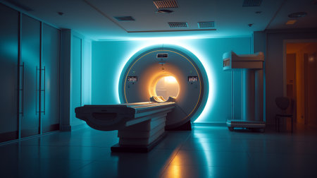 A state-of-the-art MRI scanner in a hospital room enhanced with soothing ambient lighting for a comfortable patient experience.の素材