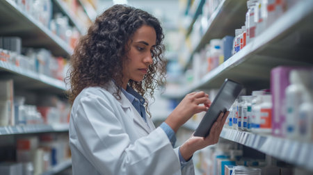 A focused pharmacist uses a digital tablet to check inventory in a well-stocked pharmacy, ensuring the availability of medications.の素材