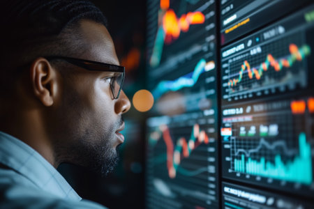 Close-up of a concentrated male analyst evaluating complex financial data on multiple computer screens.の素材