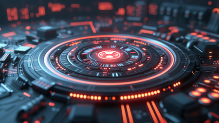 Close-up view of an advanced technological interface with red glowing elements and intricate circuit patterns.の素材