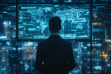 Silhouetted executive standing before a futuristic interactive display with global data and analytics.の素材