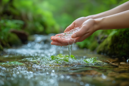 Human hands gently scooping up fresh, crystal clear water from a small stream surrounded by lush greenery.の素材