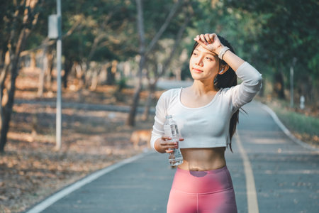Active woman taking a break to drink water on a sunny park path, reflecting a healthy lifestyle.の写真素材