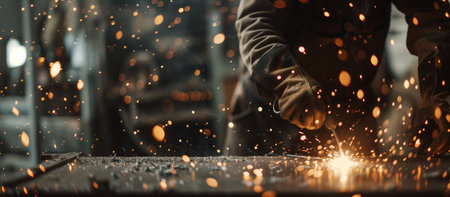 A man is working with sparks and metal, creating a scene of intense labor and focus. Concept of hard work and dedication, as the man is focused on his task despite the danger of the sparksの素材