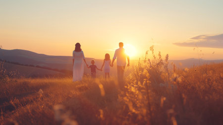 A serene silhouette of a family holding hands against a stunning sunset backdrop, capturing a moment of togetherness in the midst of nature's beauty.の素材
