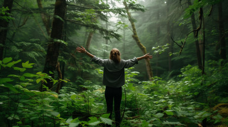 A person stands with arms outstretched in the heart of a misty forest, embodying a moment of peace and oneness with the natural world.の素材