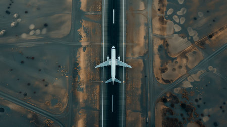 A commercial airliner ascends from the runway, soaring into the hazy twilight sky, its journey just beginning as the cityscape stretches out below.の素材