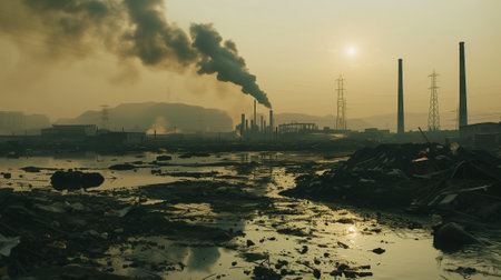 A polluted city with a large amount of smoke and a sun in the background. The sky is hazy and the sun is settingの素材