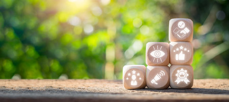 Reputation management concept, Wooden block on desk with reputation management icon on virtual screen.の写真素材