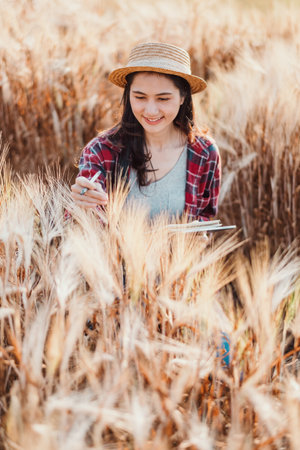 Joyful young woman with a straw hat writes in her notebook, immersed in the golden hues of a wheat field.の写真素材