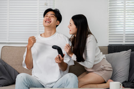 A man and woman are sitting on a couch, with the man holding a remote control. Scene is lighthearted and funの写真素材