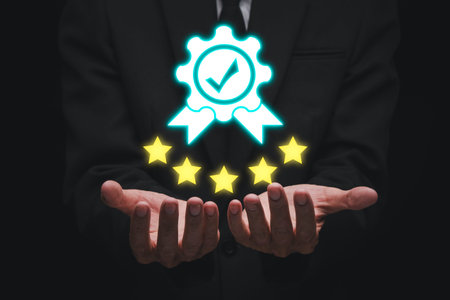 Quality management concept, Businessman hands holding quality management icon on virtual screen,...