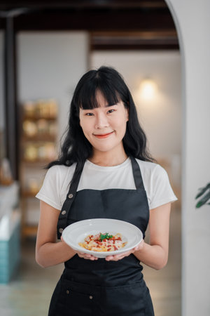 A cheerful chef presenting a beautifully plated pasta dish in a contemporary kitchen environment.の写真素材