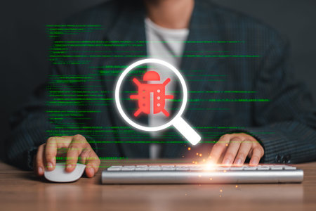 Magnifying glass highlighting a bug icon on a computer screen, symbolizing the debugging process in...