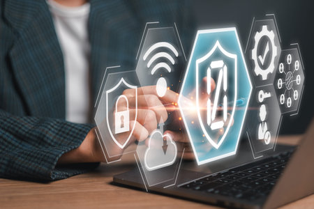 Illustration of zero trust cybersecurity concept with digital shield, network icons, and a person...