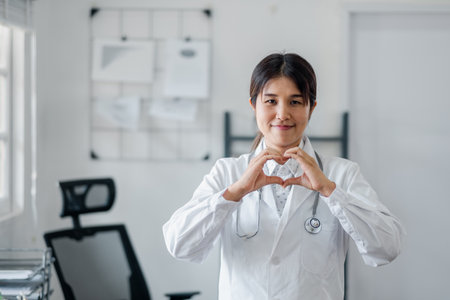 A smiling female doctor in a white coat making a heart shape with her hands, standing in a bright and modern medical office.の写真素材
