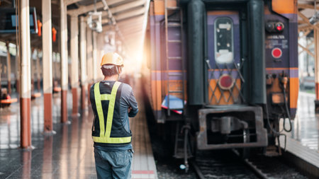 A worker in a safety vest and helmet stands on a train platform, facing a train during sunset, highlighting industrial and transportation themes.の写真素材
